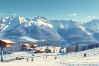 Téli síelés Ausztriában a hegyek között és síliftekkel.