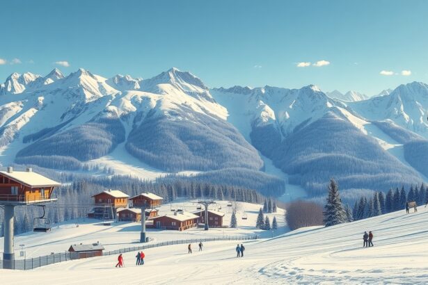 Téli síelés Ausztriában a hegyek között és síliftekkel.