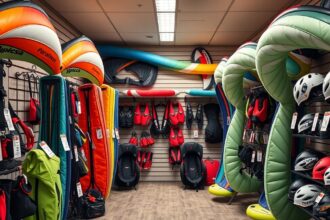 Siklóernyős bolt belső nézet, különböző szárnyak és sportfelszerelések.