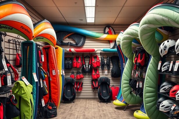 Siklóernyős bolt belső nézet, különböző szárnyak és sportfelszerelések.