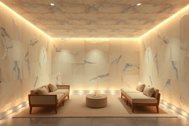 Modern sószoba kialakítás kényelmes bútorokkal és világítással