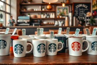 Starbucks bögrék különböző színekben és méretekben egy asztalon