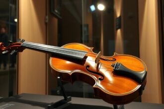 Stradivari hegedű kiállításon, éles fénynél