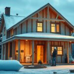 Ház szigetelés alatt téli környezetben, munkás a területen.