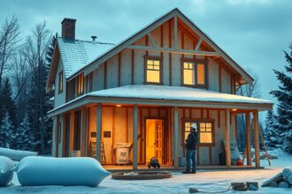 Ház szigetelés alatt téli környezetben, munkás a területen.