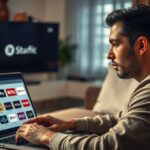 Férfi streaming szolgáltatások böngészése laptopon.