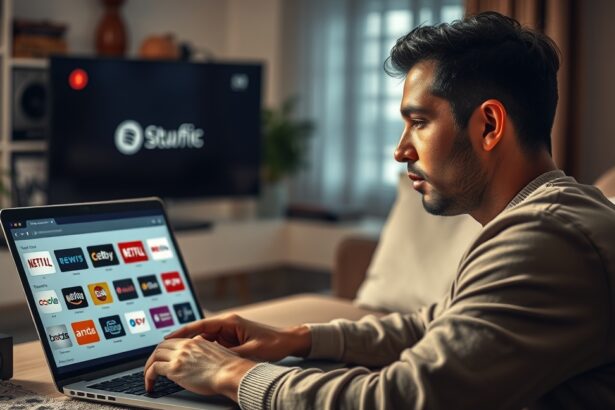 Férfi streaming szolgáltatások böngészése laptopon.