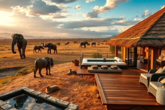 Luxus szafari Tanzániában, elefántok a háttérben
