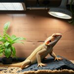 Szakállas agáma terráriumban, növényekkel és világítással.
