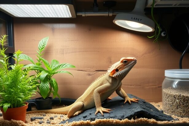 Szakállas agáma terráriumban, növényekkel és világítással.