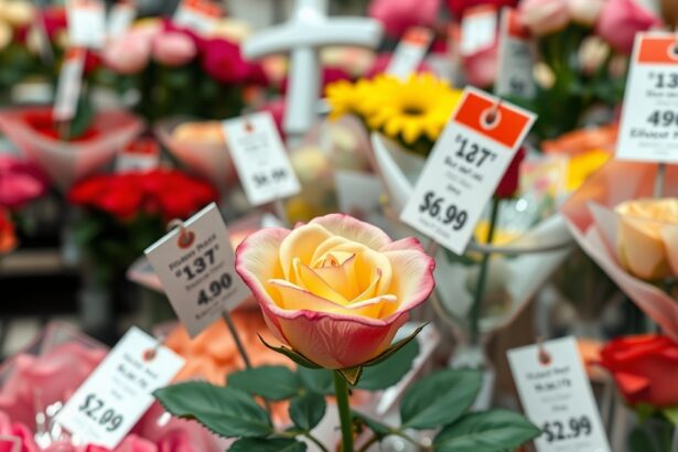 Színes rózsák és árjegyzék egy virágboltban