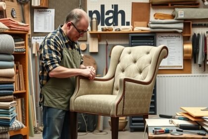 Asztalos a szék kárpitozását végzi egy bútorüzletben.