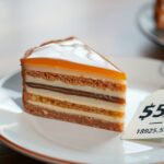 Dobostorta szelet tálalva, árjegyzékkel a tányéron.