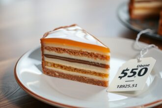 Dobostorta szelet tálalva, árjegyzékkel a tányéron.