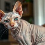 Szfinx macska közelről, kék szemekkel és sima bőrrel