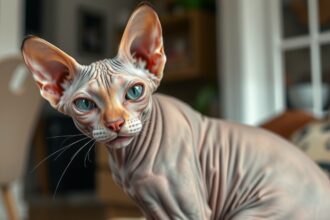 Szfinx macska közelről, kék szemekkel és sima bőrrel