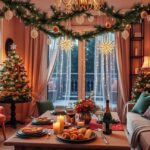 Karácsonyi dekorációval díszített otthoni szilveszteri parti étkező