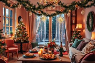 Karácsonyi dekorációval díszített otthoni szilveszteri parti étkező