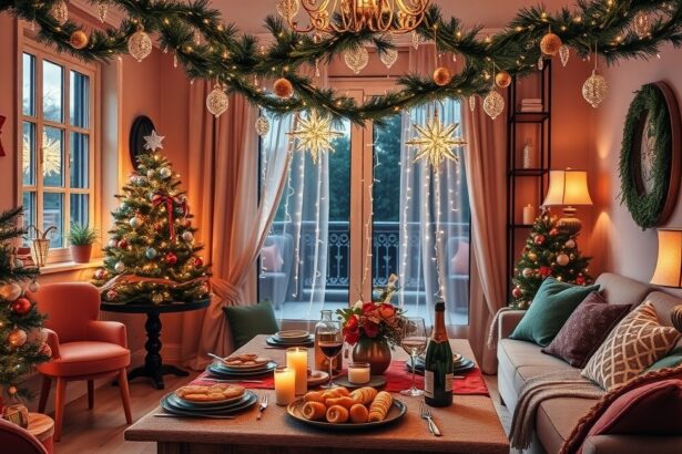 Karácsonyi dekorációval díszített otthoni szilveszteri parti étkező