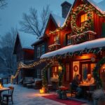 Karácsonyi díszítéssel ellátott vidéki ház szilveszteri estélyen.