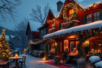 Karácsonyi díszítéssel ellátott vidéki ház szilveszteri estélyen.