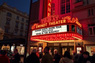 Szinész és nézők a Swindt Színház előtt Budapesten
