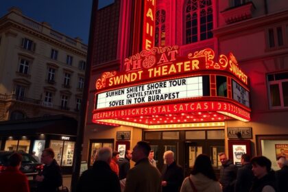 Szinész és nézők a Swindt Színház előtt Budapesten