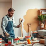 Férfi szobafestő festékekkel és eszközökkel egy lakásban