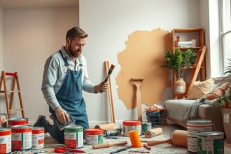 Férfi szobafestő festékekkel és eszközökkel egy lakásban