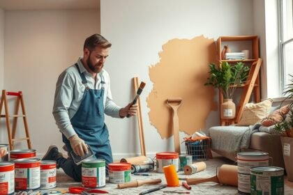 Férfi szobafestő festékekkel és eszközökkel egy lakásban