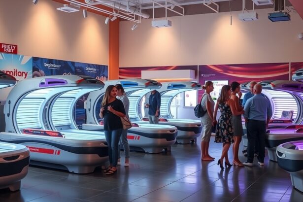 Modern szoláriumgépek kiállítása, érdeklődők a szalonban.