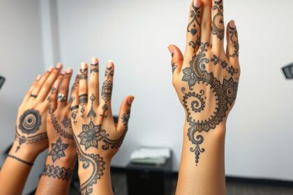 Henna tetoválás különböző mintákkal a kezeken