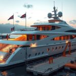 Luxus szuperjacht a kikötőben, estefelé világítva.