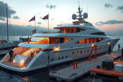 Luxus szuperjacht a kikötőben, estefelé világítva.