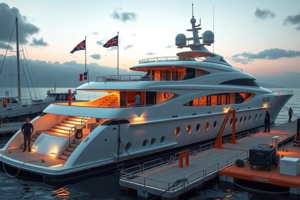 Luxus szuperjacht a kikötőben, estefelé világítva.