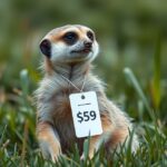 Szurikáta árcímkével a fűben, jelzi az árát.