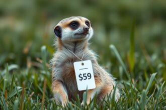 Szurikáta árcímkével a fűben, jelzi az árát.