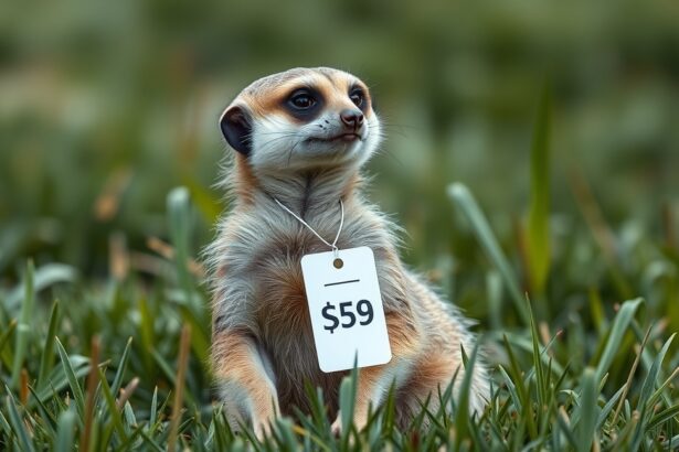 Szurikáta árcímkével a fűben, jelzi az árát.