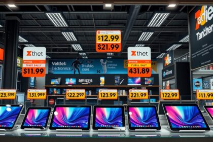 Tabletek árakkal egy elektronikai boltban