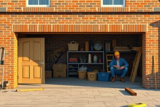 Téglából épült garázs belső tere és építkezés.