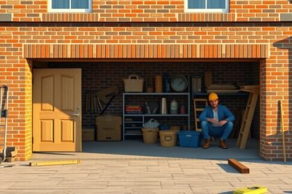 Téglából épült garázs belső tere és építkezés.