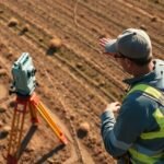 Földmérő szakember telek kimérése során terepen