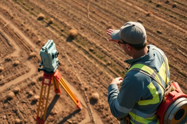 Földmérő szakember telek kimérése során terepen