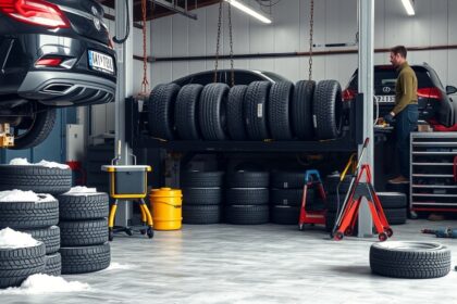 Gumiabroncsok a garázsban, téli gumi cseréje folyamatban