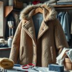 Téli kabát a varrodában, körülötte javítóeszközök és anyagok.