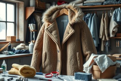 Téli kabát a varrodában, körülötte javítóeszközök és anyagok.