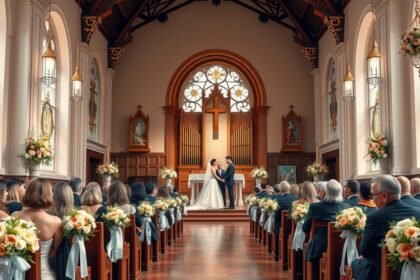 Pár a templomi esküvőn, szertartás a gyönyörű belső térben.