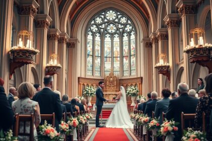 Templomi esküvő szertartás egy gyönyörű templomban.