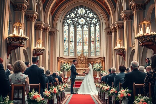 Templomi esküvő szertartás egy gyönyörű templomban.