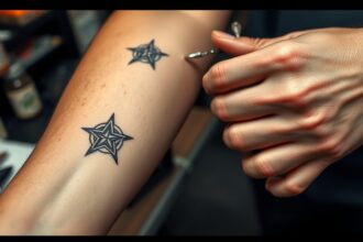 Kis minta tetoválás készítése egy kéz által, rajta csillag mintákkal.